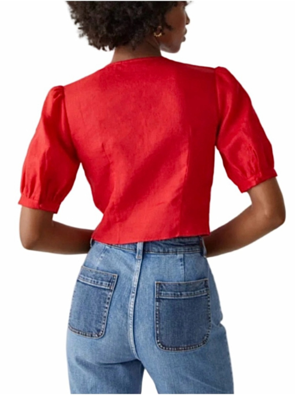 & Other Stories pure linen red cropped tie front knot puff sleeve top EU 38 - Picture 4 of 17